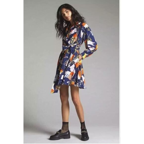 NWT Anthropologie Maeve Women's Scarf-print Mini Shirtdress Size S Navy #8F413 - Picture 1 of 13